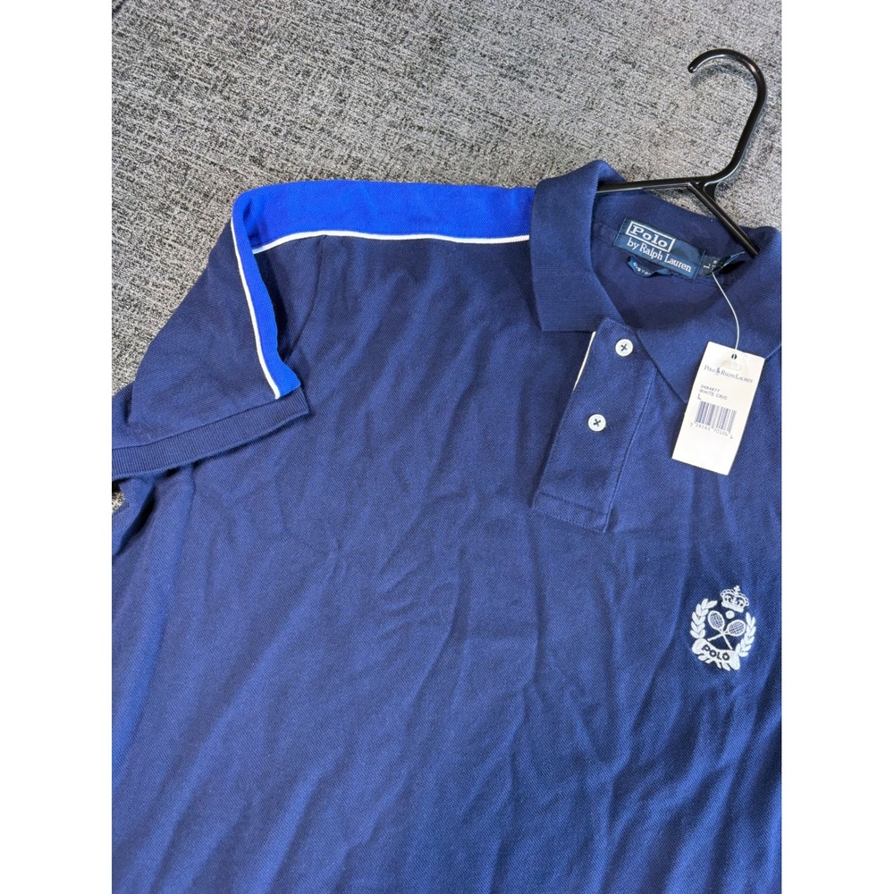 Polo Ralph Lauren Polo Shirt Large Navy Blue Tennis Crest Racing Stripe NEW